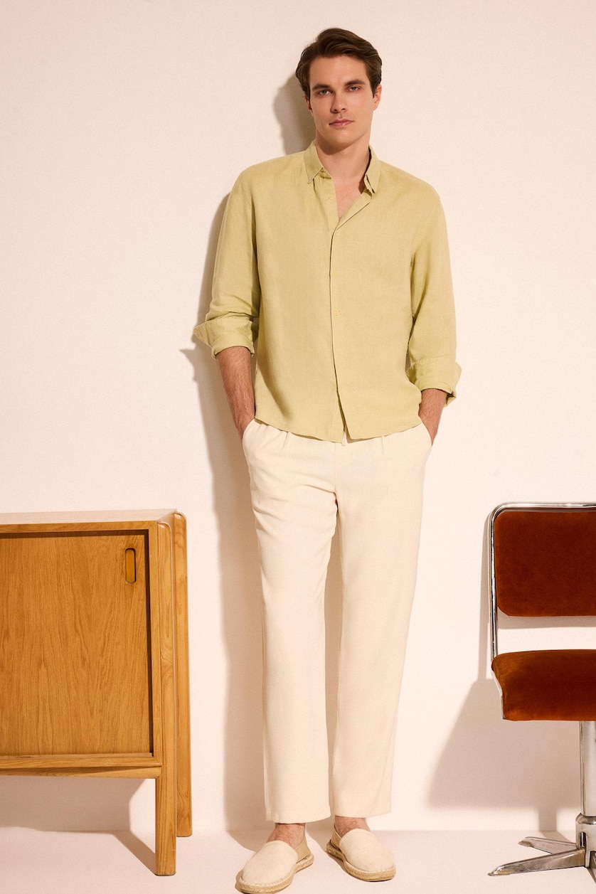 HOMME Beige Lin Chemises à manches longues