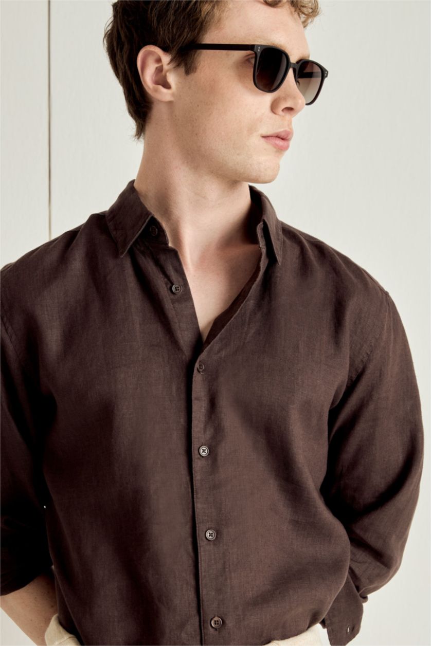 Erkek Kahve Regular Fıt Keten