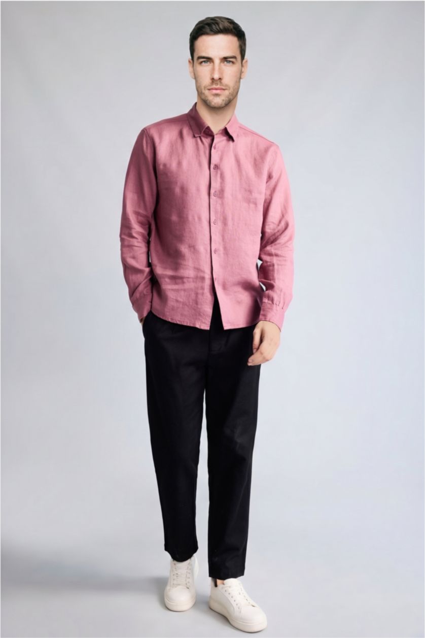 Men Açık Mor Linen Long Sleeve Shirt