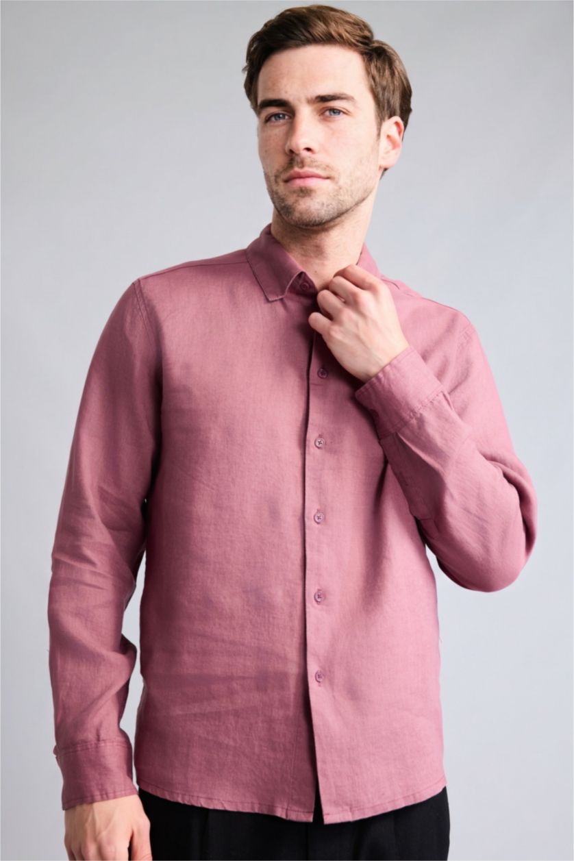 Men Açık Mor Linen Long Sleeve Shirt