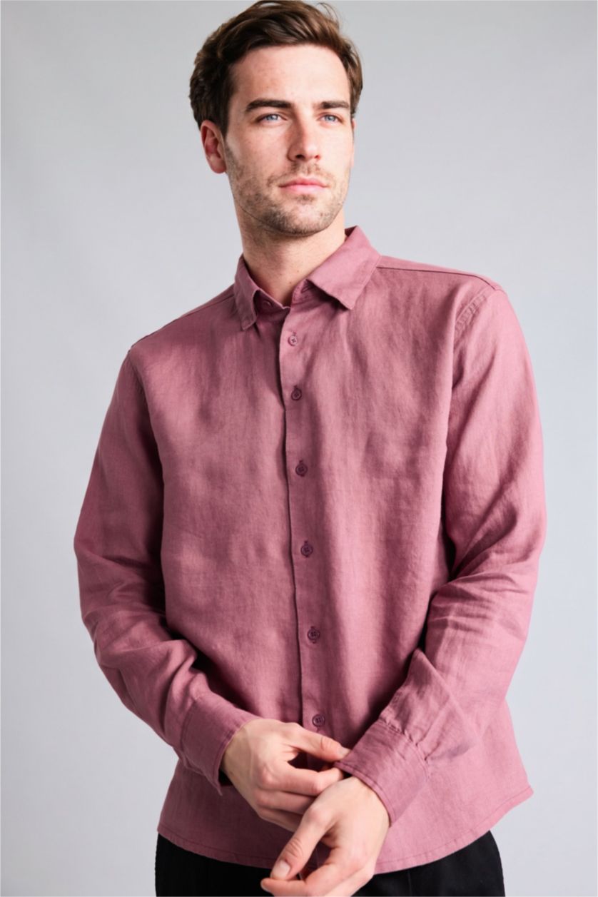 Men Açık Mor Linen Long Sleeve Shirt