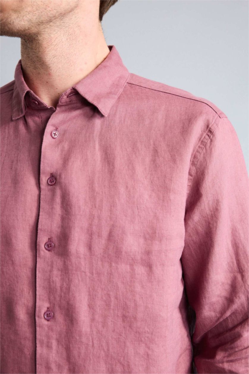 Men Açık Mor Linen Long Sleeve Shirt