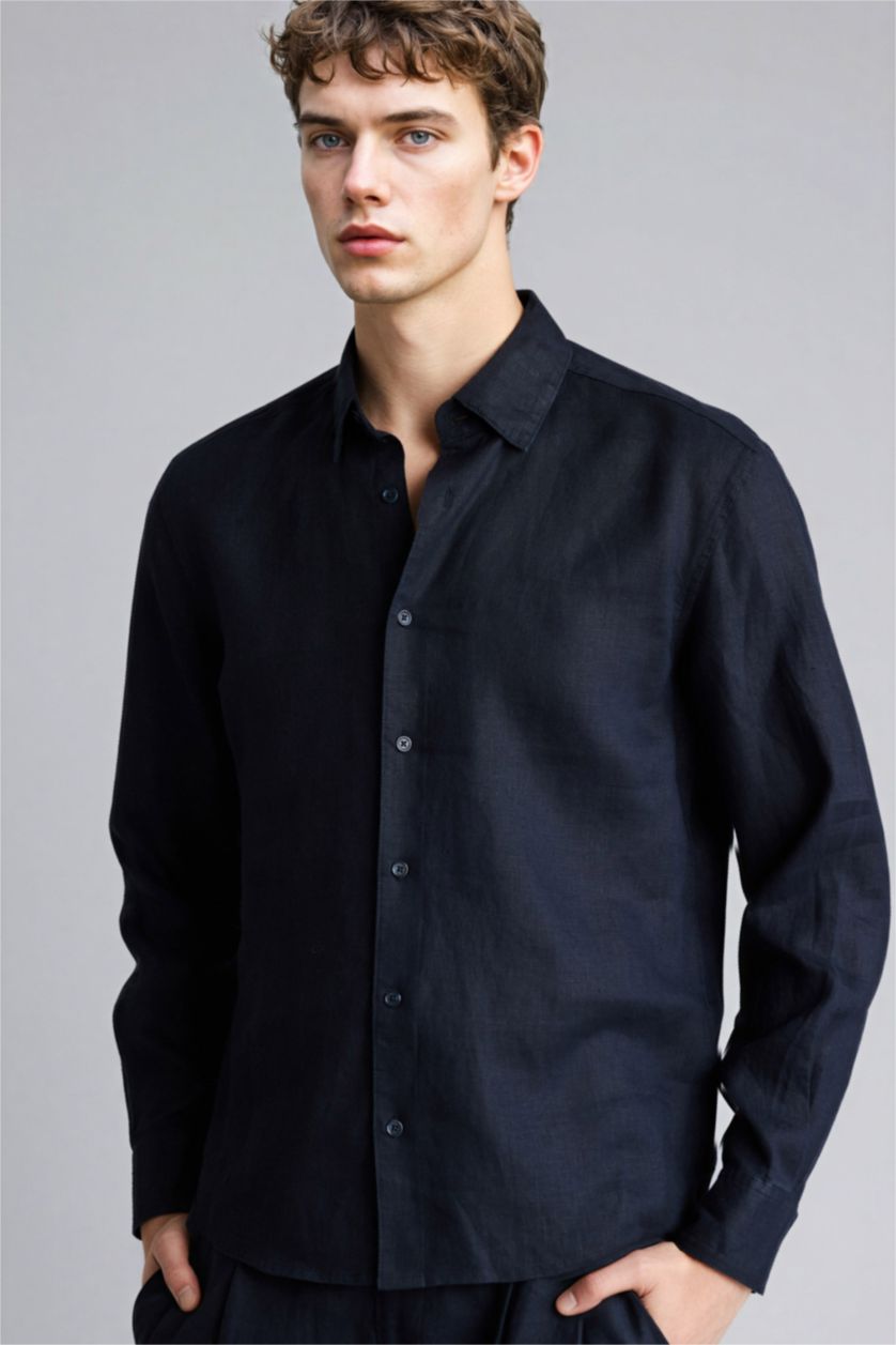 Erkek Lacivert %100 Keten Regular Fit Polo Yaka Yazlık Basic Düz Uzun Kollu Gömlek