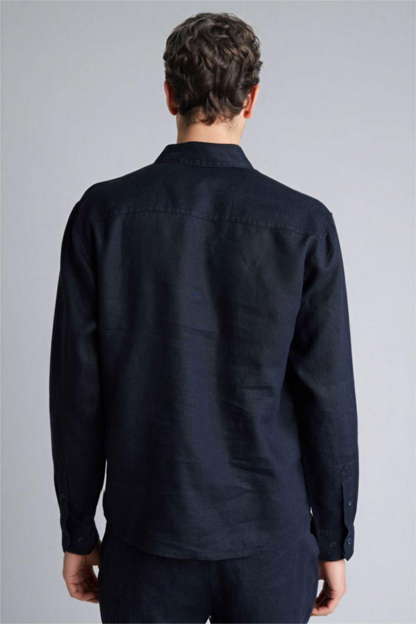 Erkek Lacivert %100 Keten Regular Fit Polo Yaka Yazlık Basic Düz Uzun Kollu Gömlek