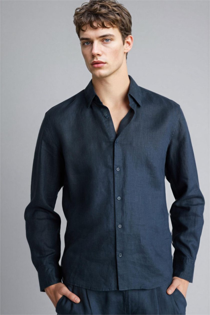 Men Light Navy Linen Long Sleeve Shirt