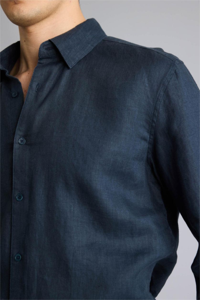 Men Light Navy Linen Long Sleeve Shirt