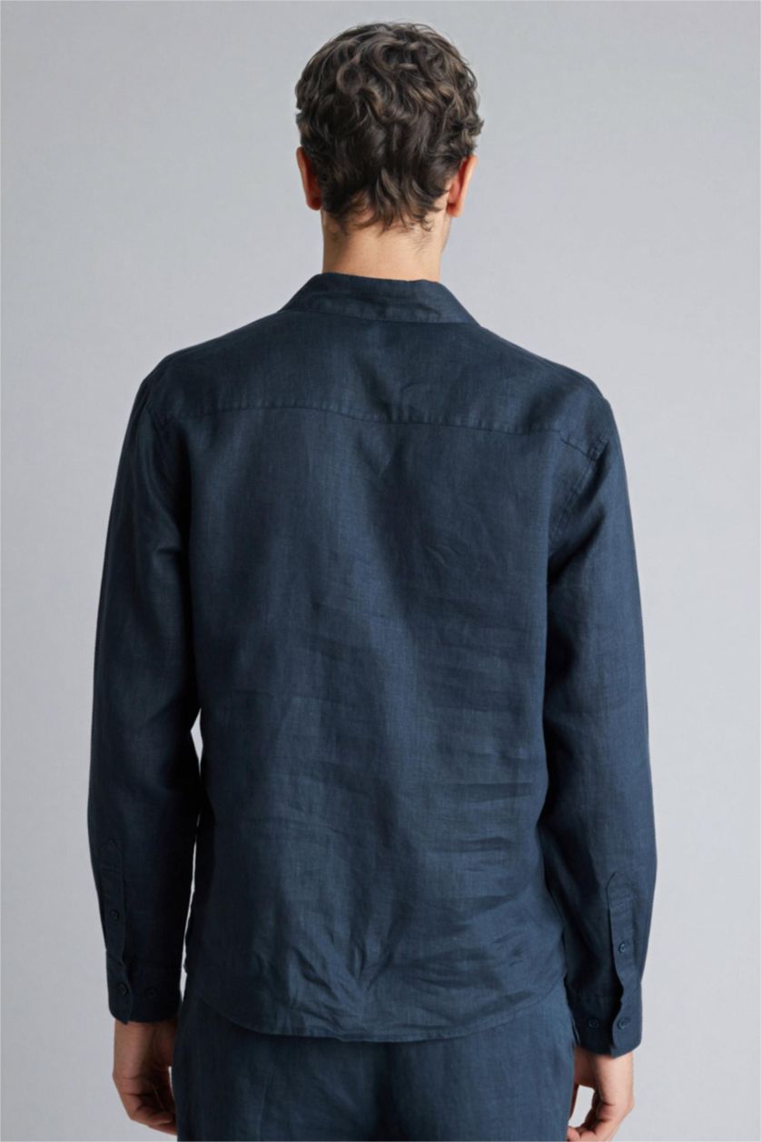Men Light Navy Linen Long Sleeve Shirt