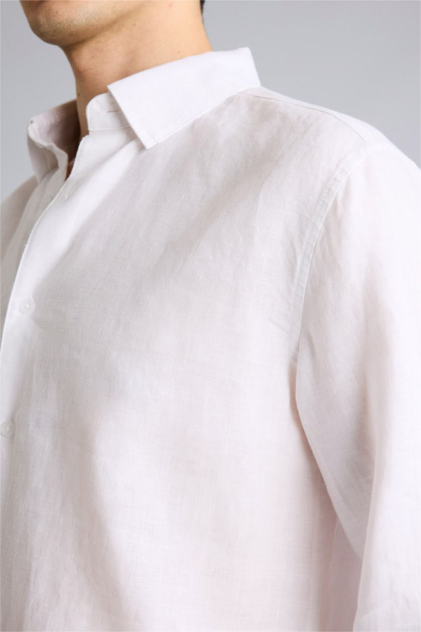 Erkek Kırık Beyaz %100 Keten Regular Fit Polo Yaka Yazlık Basic Düz Uzun Kollu Beyaz Gömlek