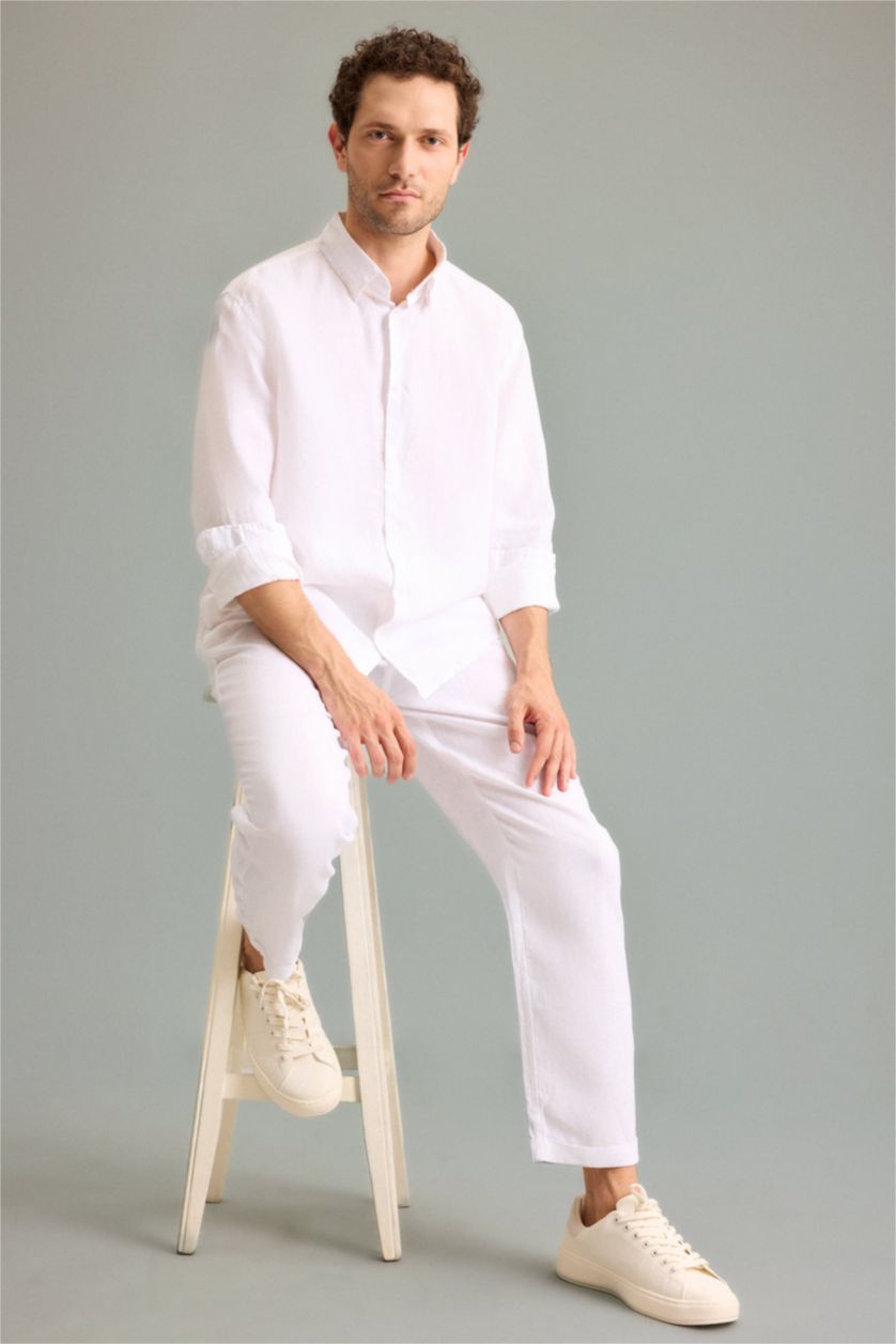 Man White Linen Long Sleeve Shirt