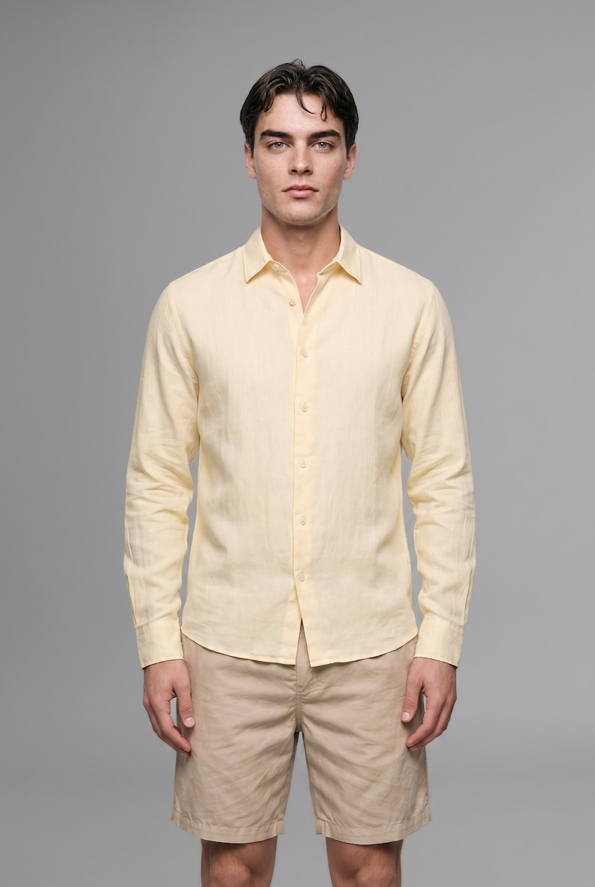 Men Light Yellow Linen Long Sleeve Shirt