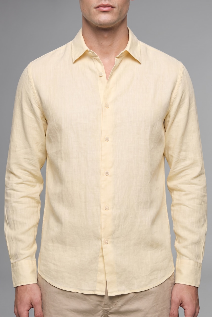 Men Light Yellow Linen Long Sleeve Shirt