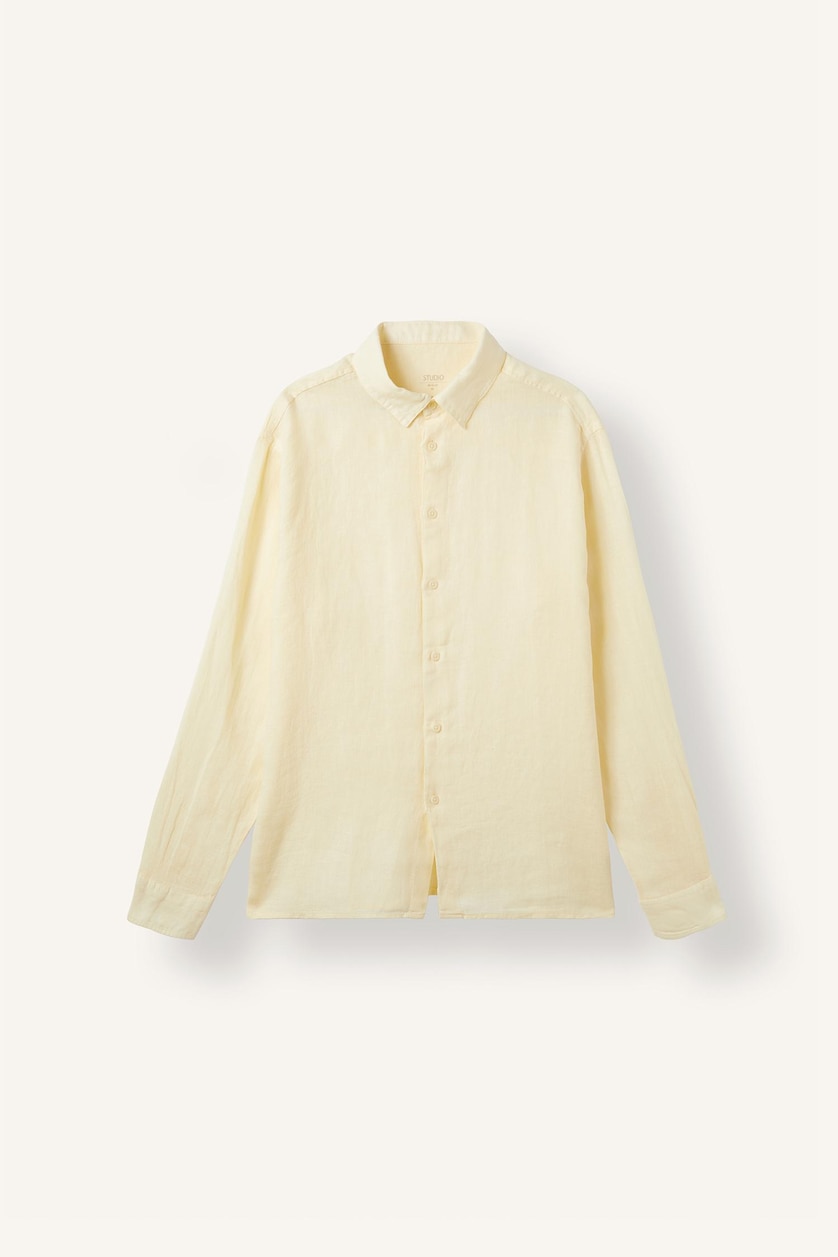 Men Light Yellow Linen Long Sleeve Shirt