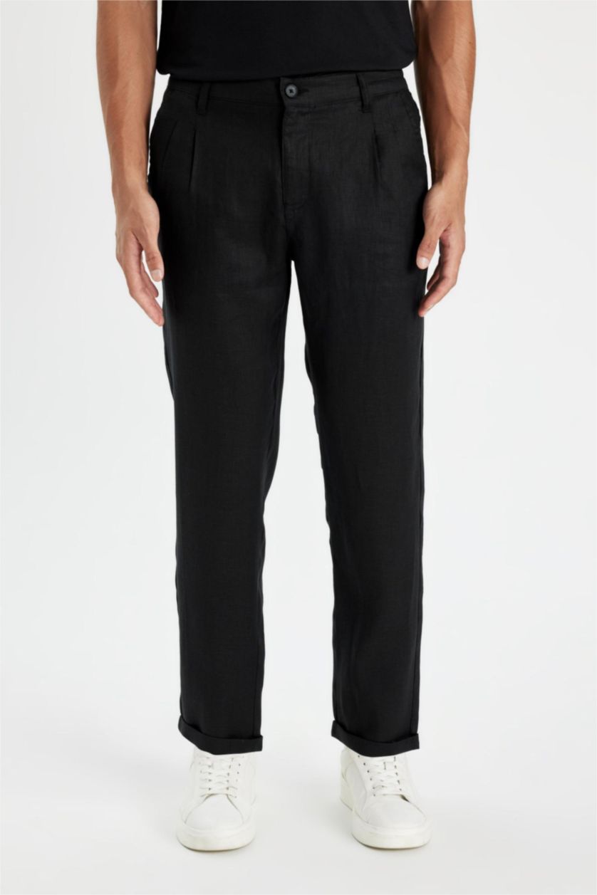 Erkek Siyah %100 Keten Normal Kesim Crop Duble Paça Yazlık Kumaş Pantolon