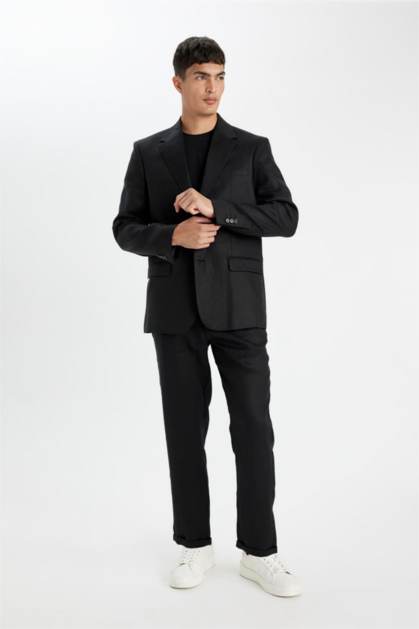 Erkek Siyah %100 Keten Normal Kesim Crop Duble Paça Yazlık Kumaş Pantolon