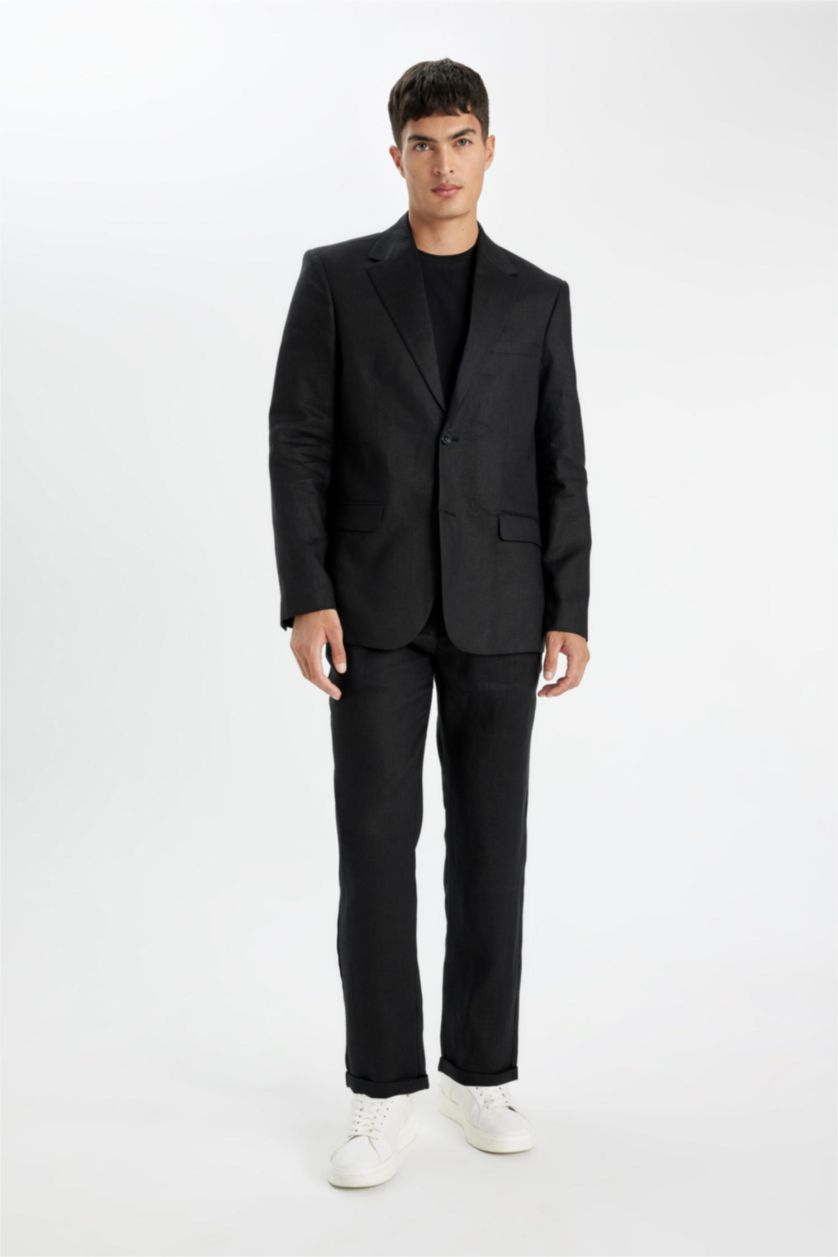 Erkek Siyah %100 Keten Normal Kesim Crop Duble Paça Yazlık Kumaş Pantolon