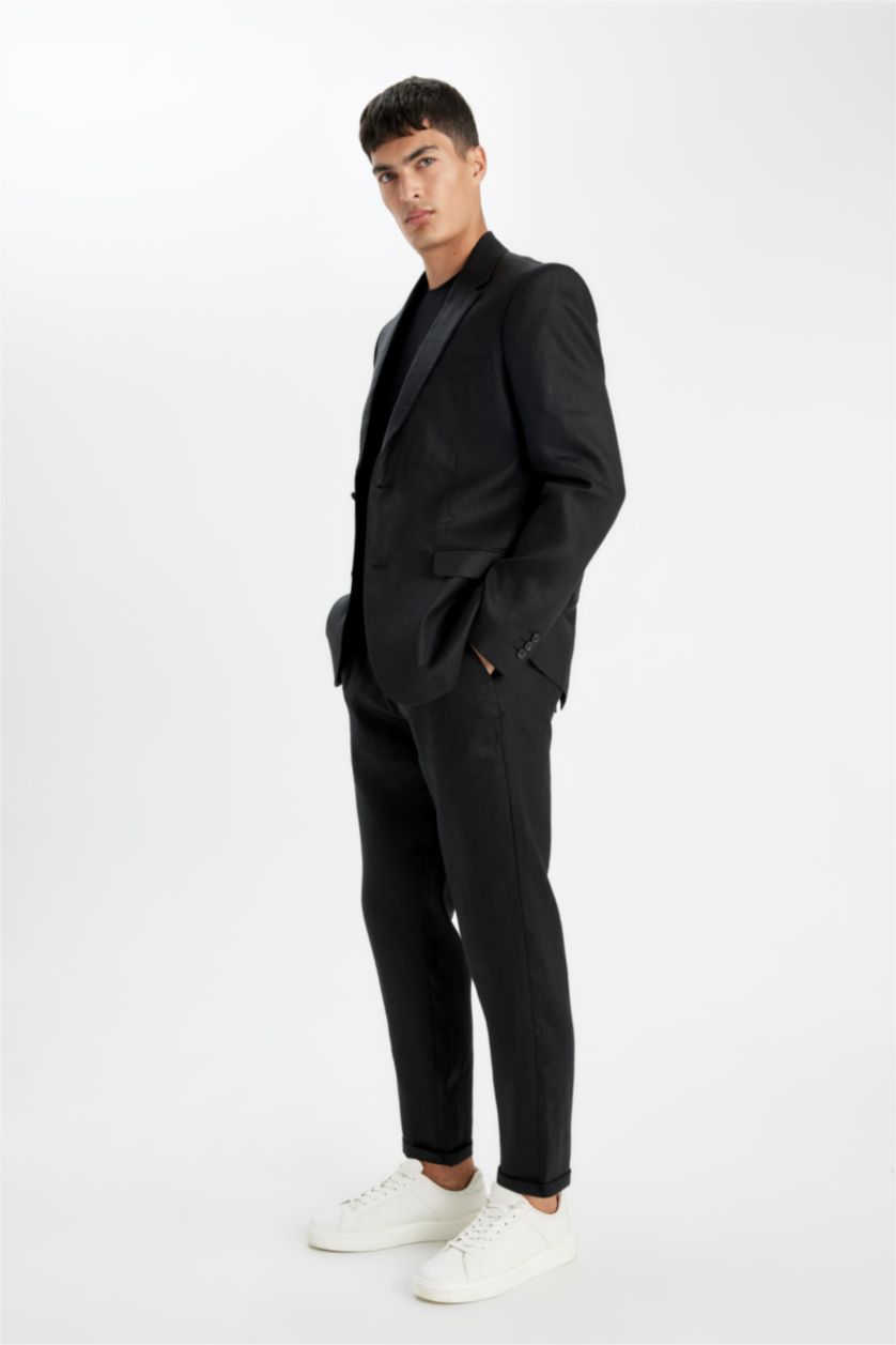 Erkek Siyah %100 Keten Normal Kesim Crop Duble Paça Yazlık Kumaş Pantolon