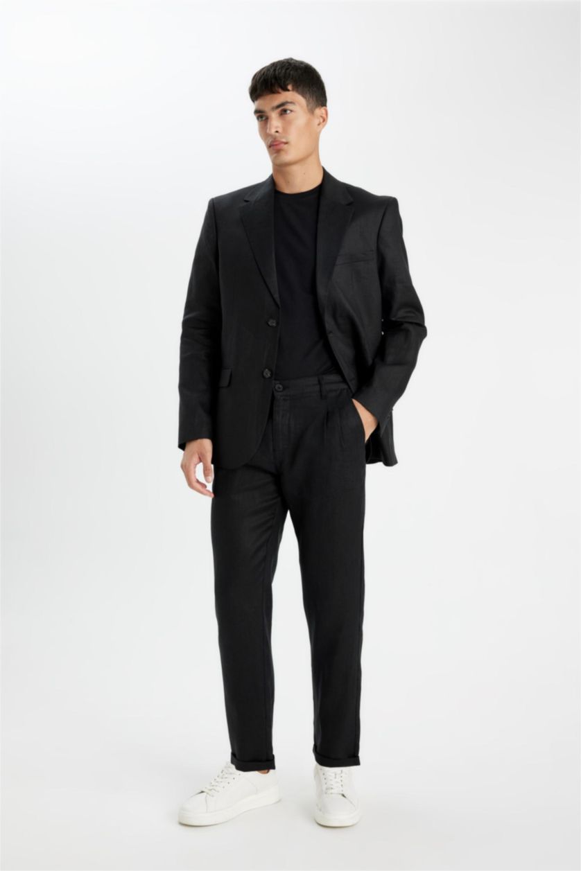 Erkek Siyah %100 Keten Normal Kesim Crop Duble Paça Yazlık Kumaş Pantolon