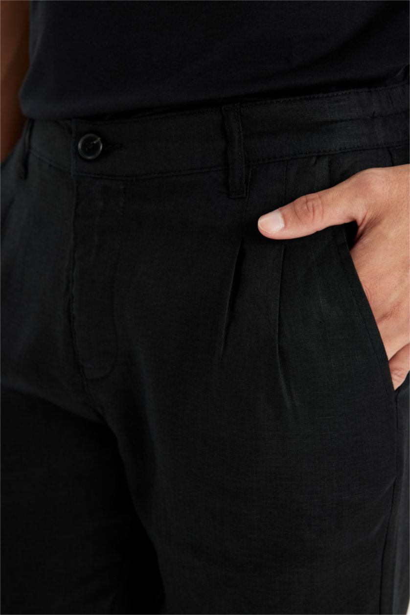 Erkek Siyah %100 Keten Normal Kesim Crop Duble Paça Yazlık Kumaş Pantolon