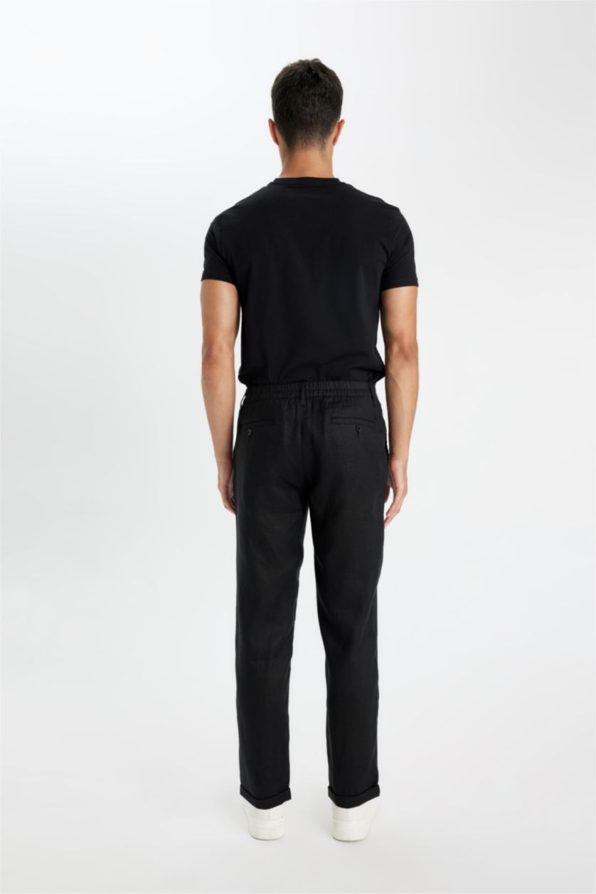 Erkek Siyah %100 Keten Normal Kesim Crop Duble Paça Yazlık Kumaş Pantolon