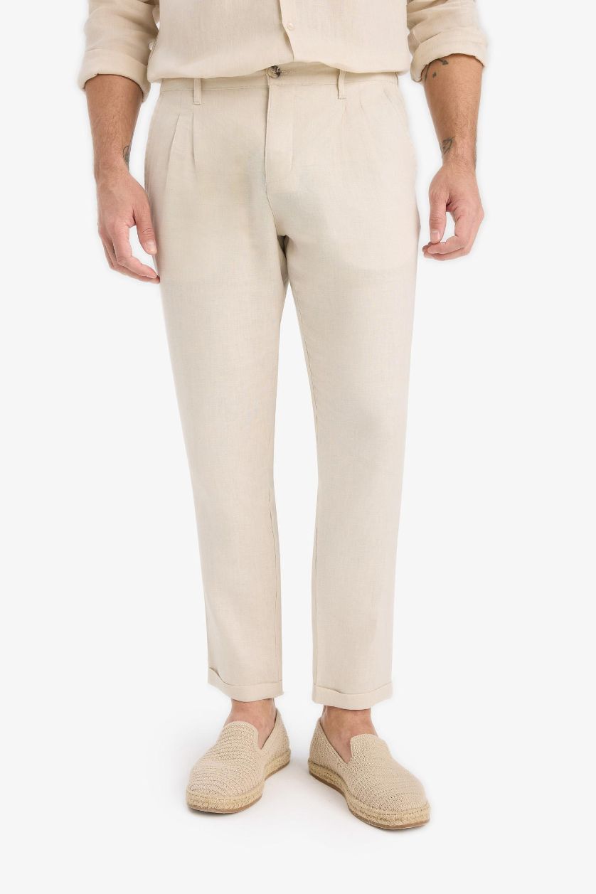 رجالي بيج بنطلون كتان صيفي كروب بساق مزدوج