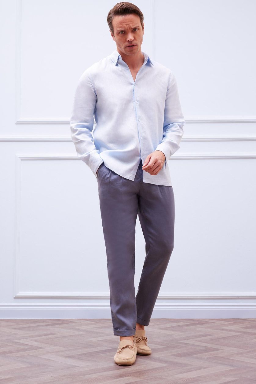 Man Light Indigo Linen Regular Fit Crop Double Leg Summer Fabric Trousers