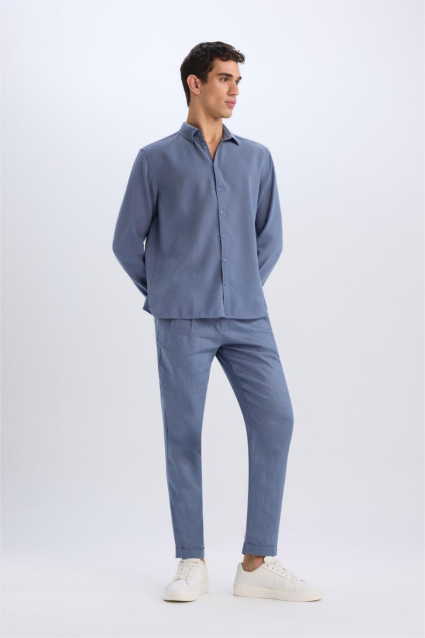 Man Light Indigo Linen Regular Fit Crop Double Leg Summer Fabric Trousers