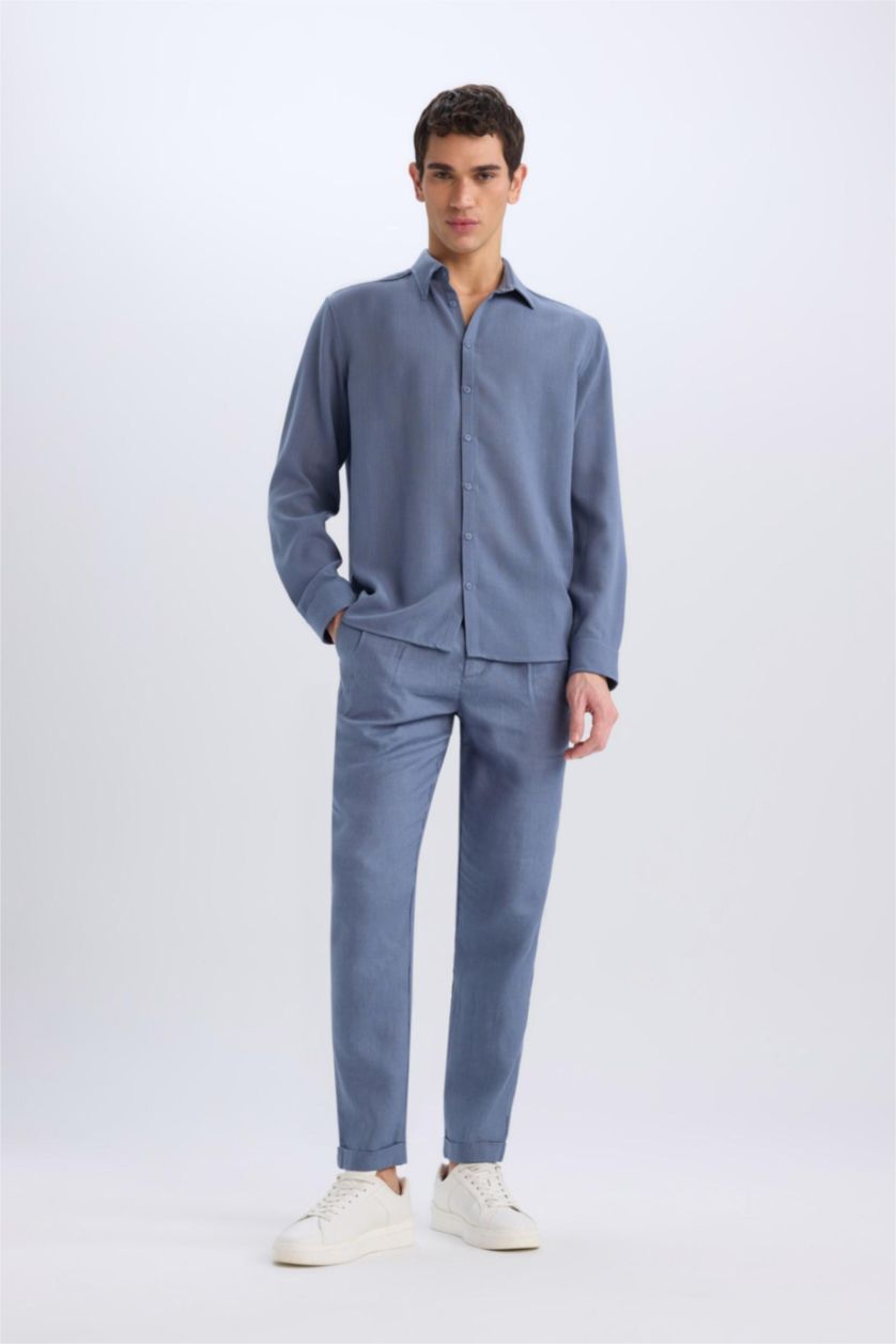 Man Light Indigo Linen Regular Fit Crop Double Leg Summer Fabric Trousers