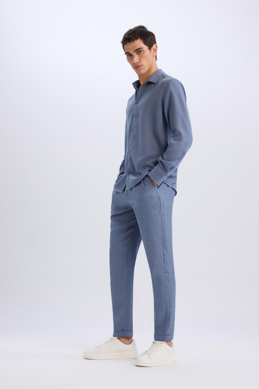 Man Light Indigo Linen Regular Fit Crop Double Leg Summer Fabric Trousers