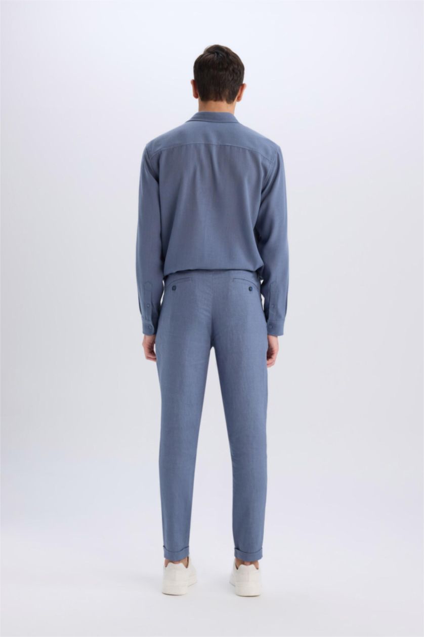 Man Light Indigo Linen Regular Fit Crop Double Leg Summer Fabric Trousers