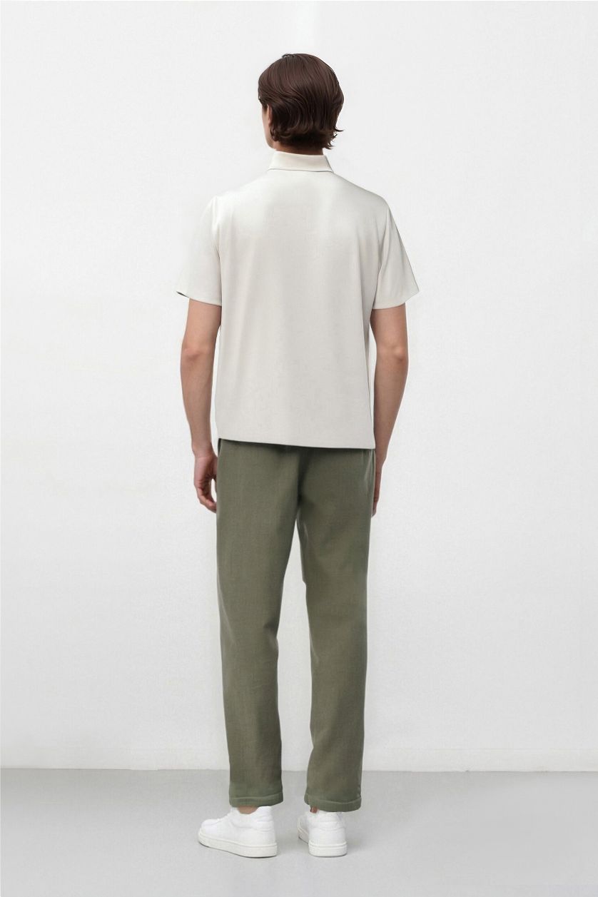 Erkek Haki %100 Keten Normal Kesim Crop Duble Paça Yazlık Kumaş Pantolon