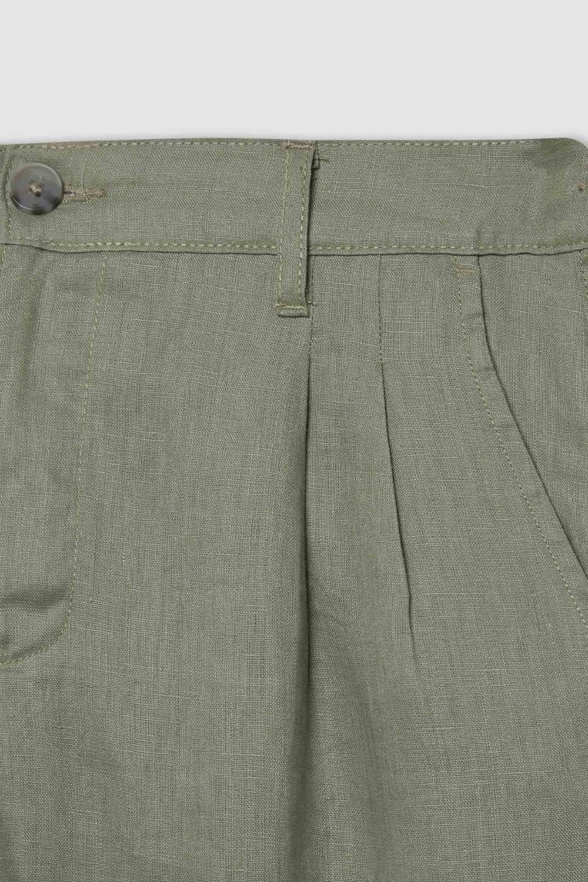 Erkek Haki %100 Keten Normal Kesim Crop Duble Paça Yazlık Kumaş Pantolon