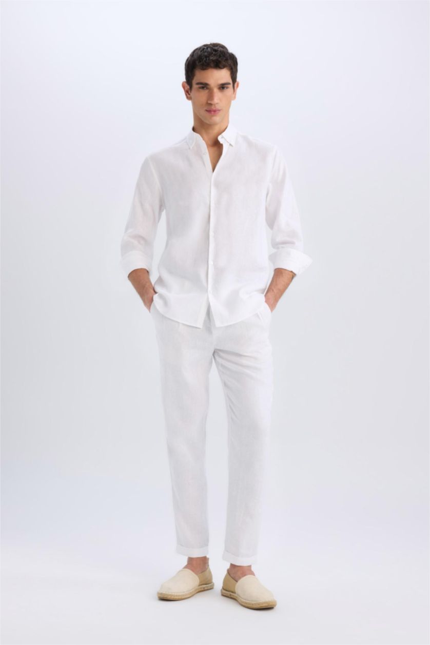 رجالي اوف وايت بنطلون كتان صيفي كروب بساق مزدوج