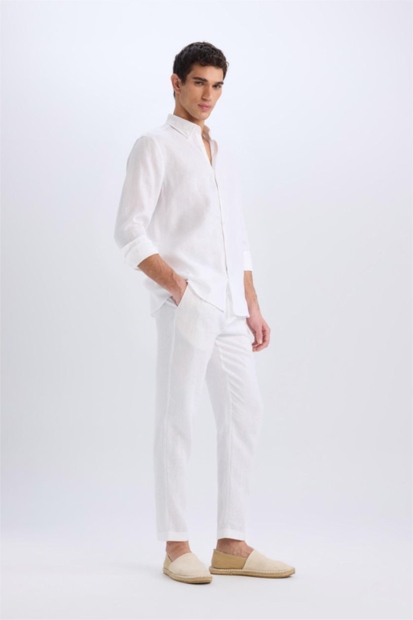 رجالي اوف وايت بنطلون كتان صيفي كروب بساق مزدوج