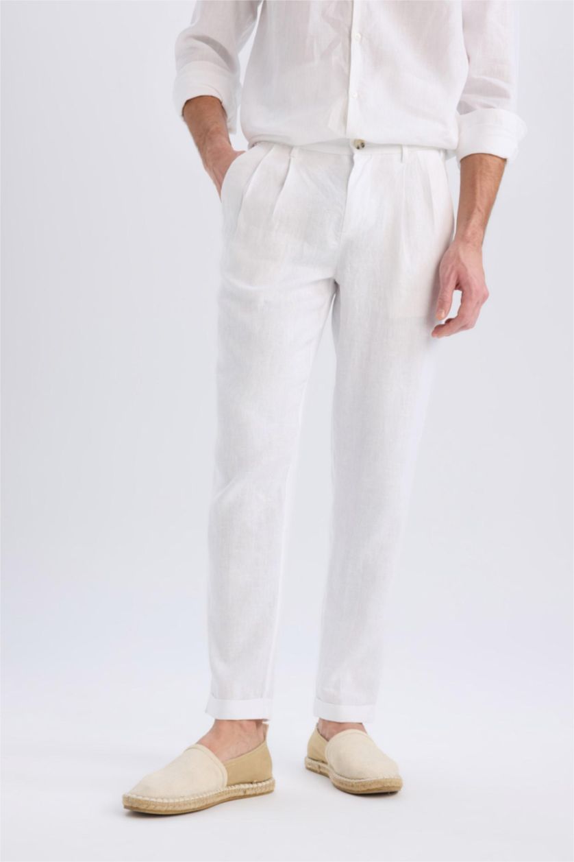 رجالي اوف وايت بنطلون كتان صيفي كروب بساق مزدوج