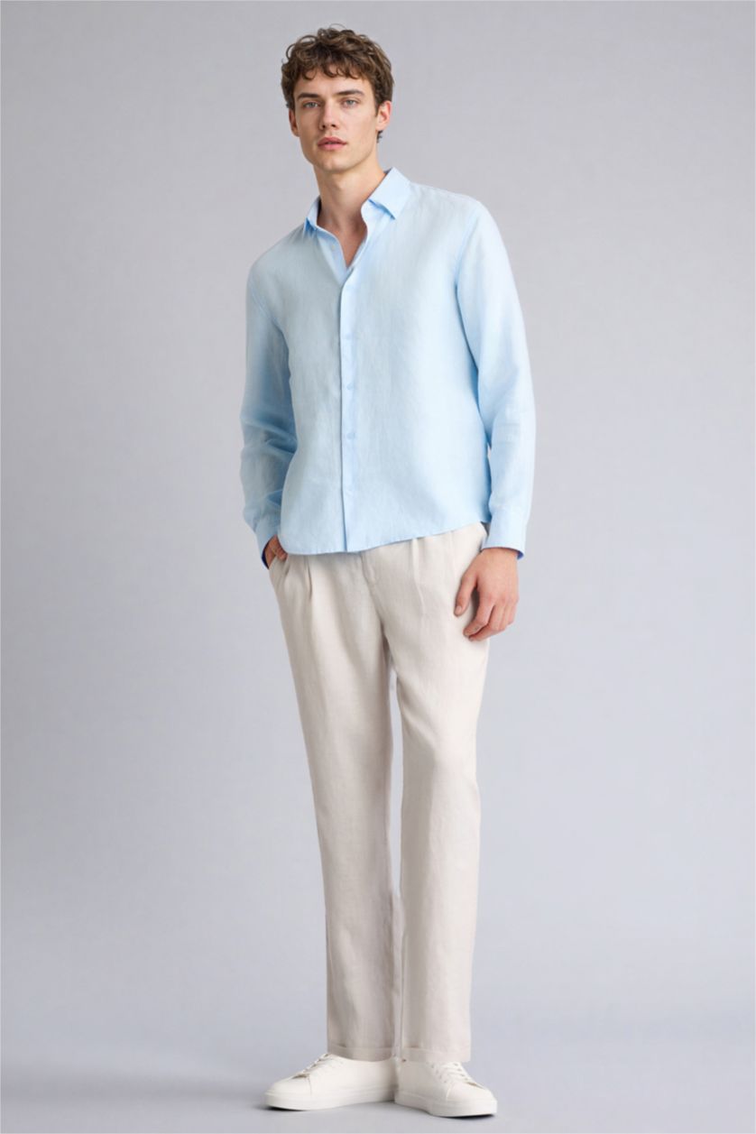 رجال بيج بنطرون صيفي كتان كروب بحافة مزدوجة