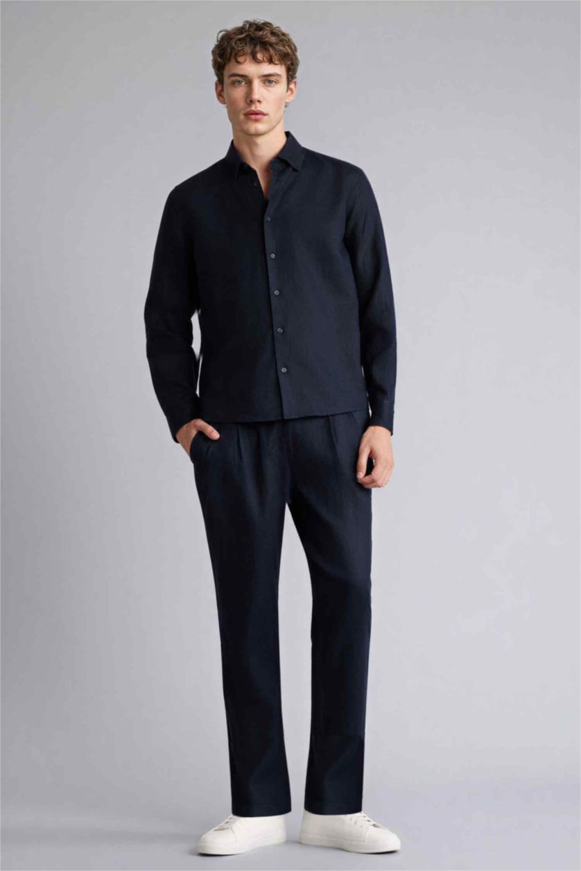 Мужчины Синий Льняные брюки Relax Fit с двойными отворотами