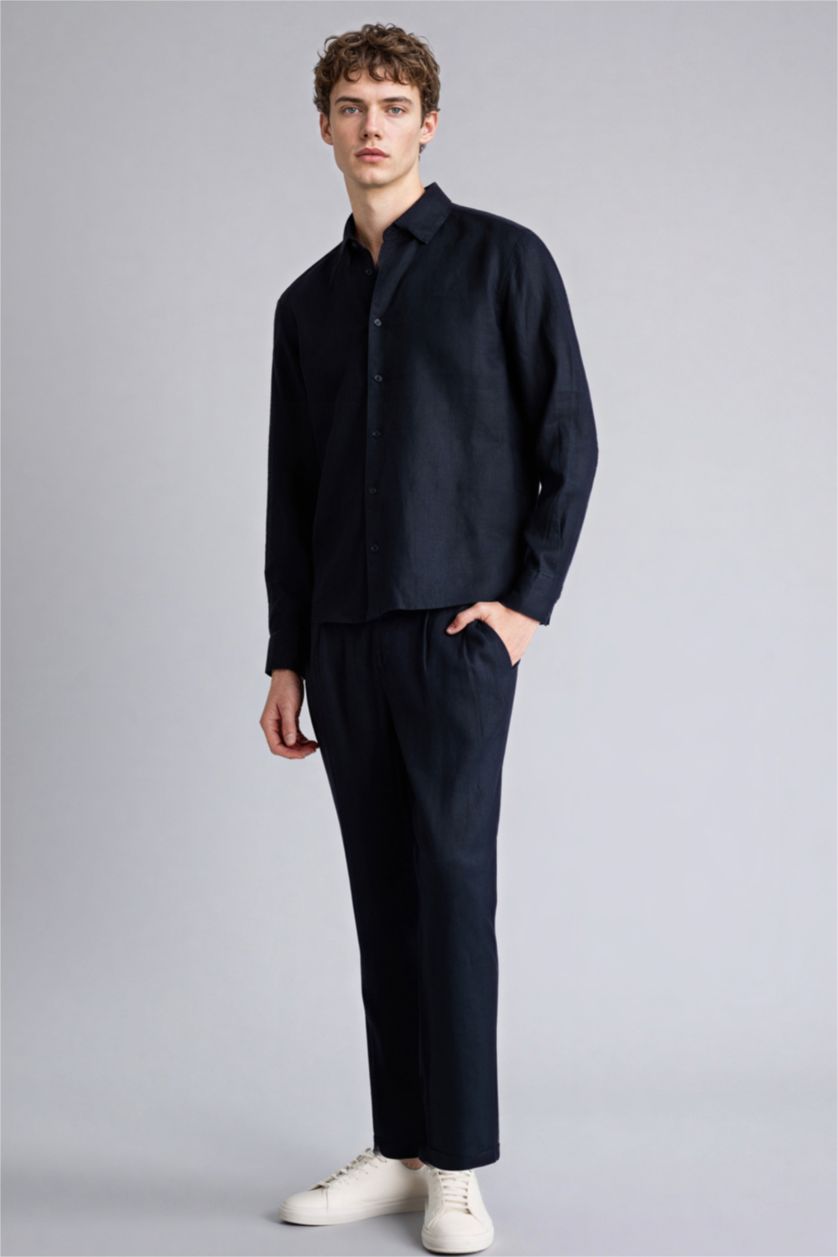 Мужчины Синий Льняные брюки Relax Fit с двойными отворотами