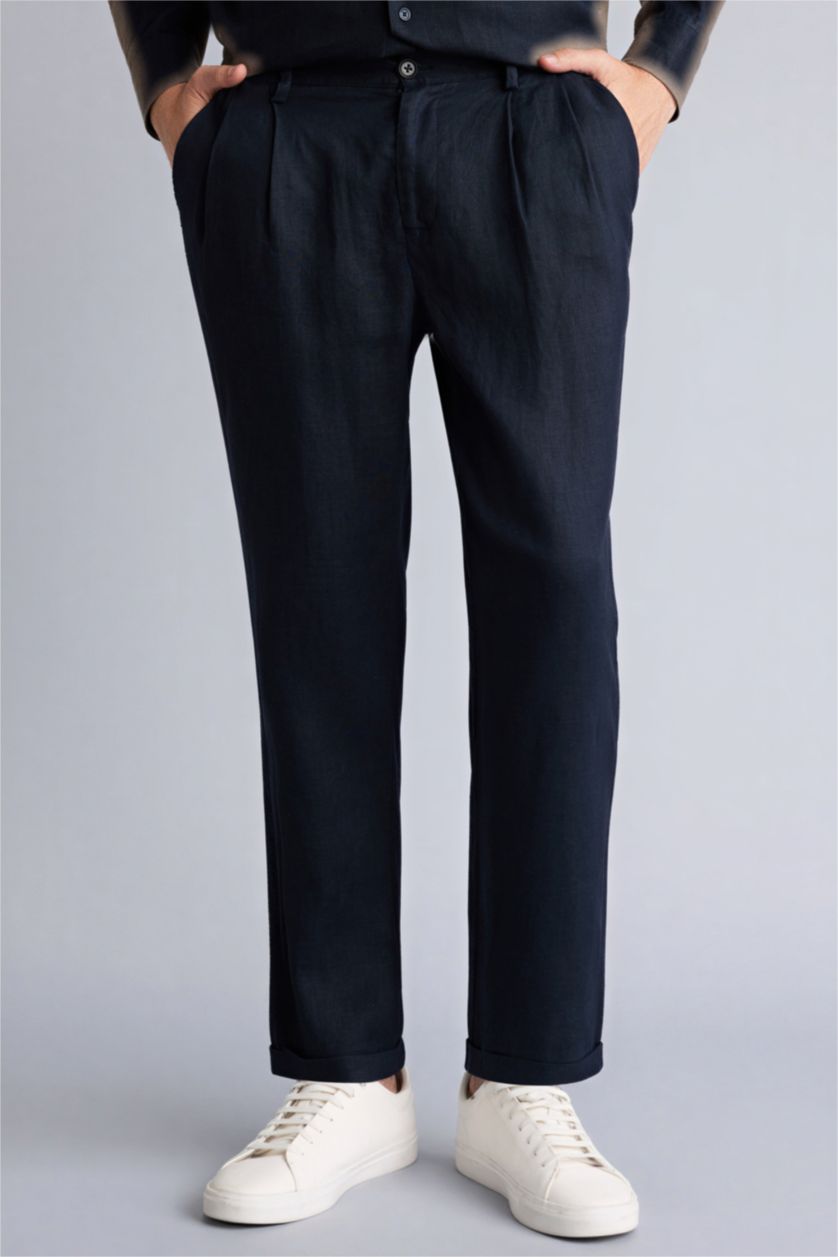 Мужчины Синий Льняные брюки Relax Fit с двойными отворотами
