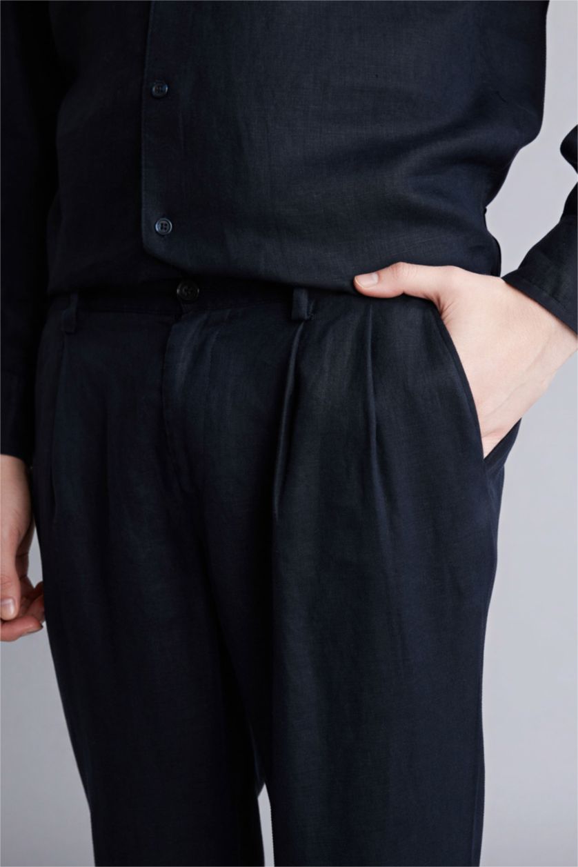 Мужчины Синий Льняные брюки Relax Fit с двойными отворотами