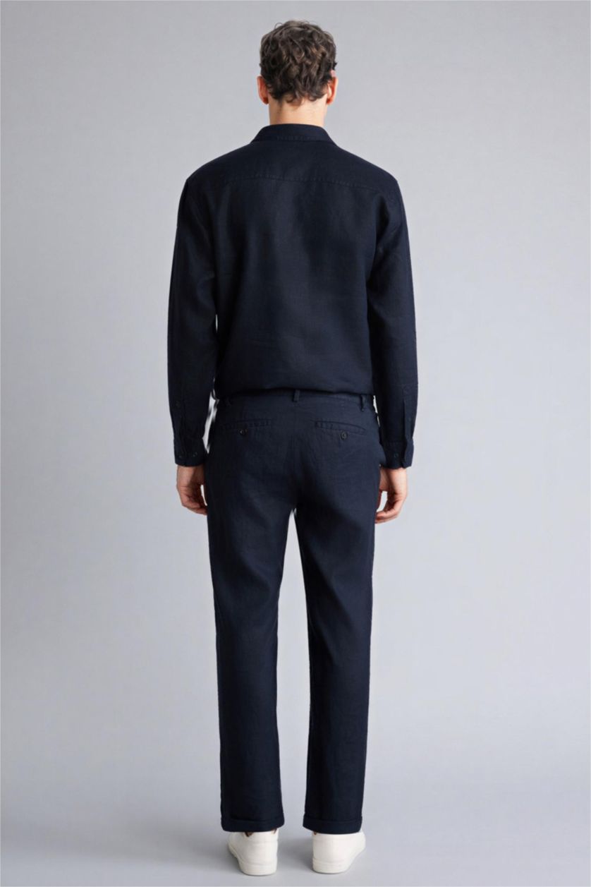 Erkek Lacivert Relax Fıt Duble Paça Keten Pantolon