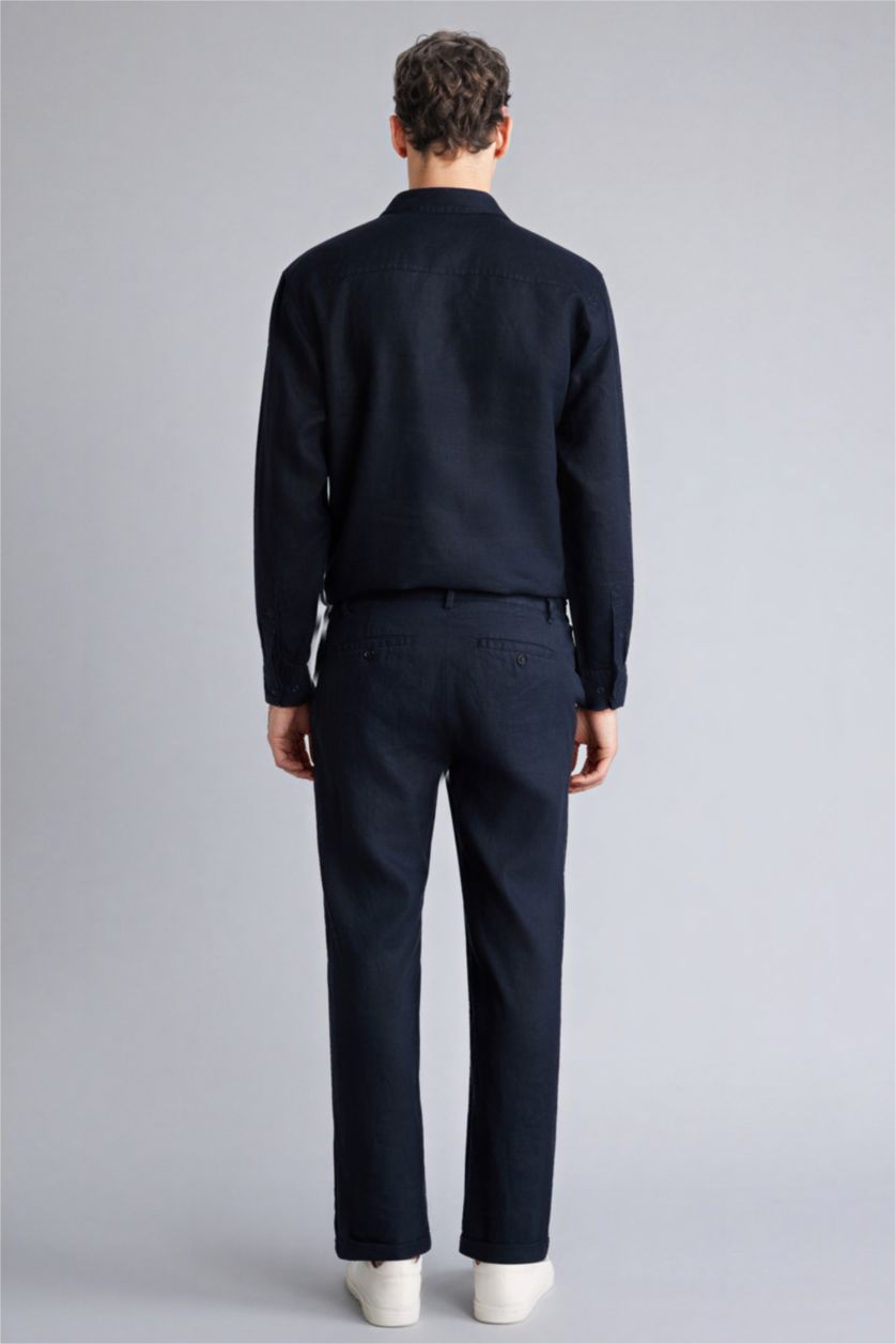 Мужчины Синий Льняные брюки Relax Fit с двойными отворотами