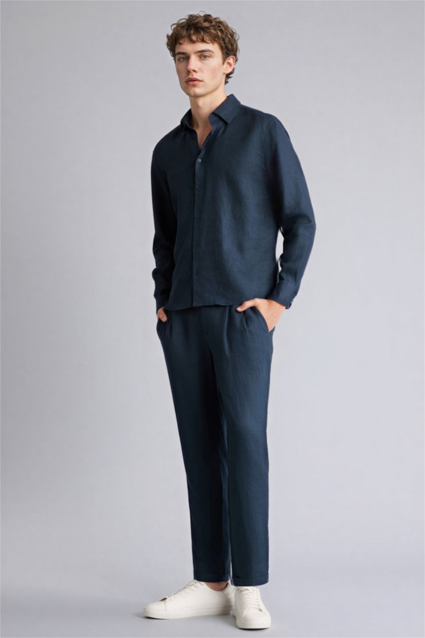 MAN Light Navy بنطلون كتان قصة مريحة وحافة مزدوجة