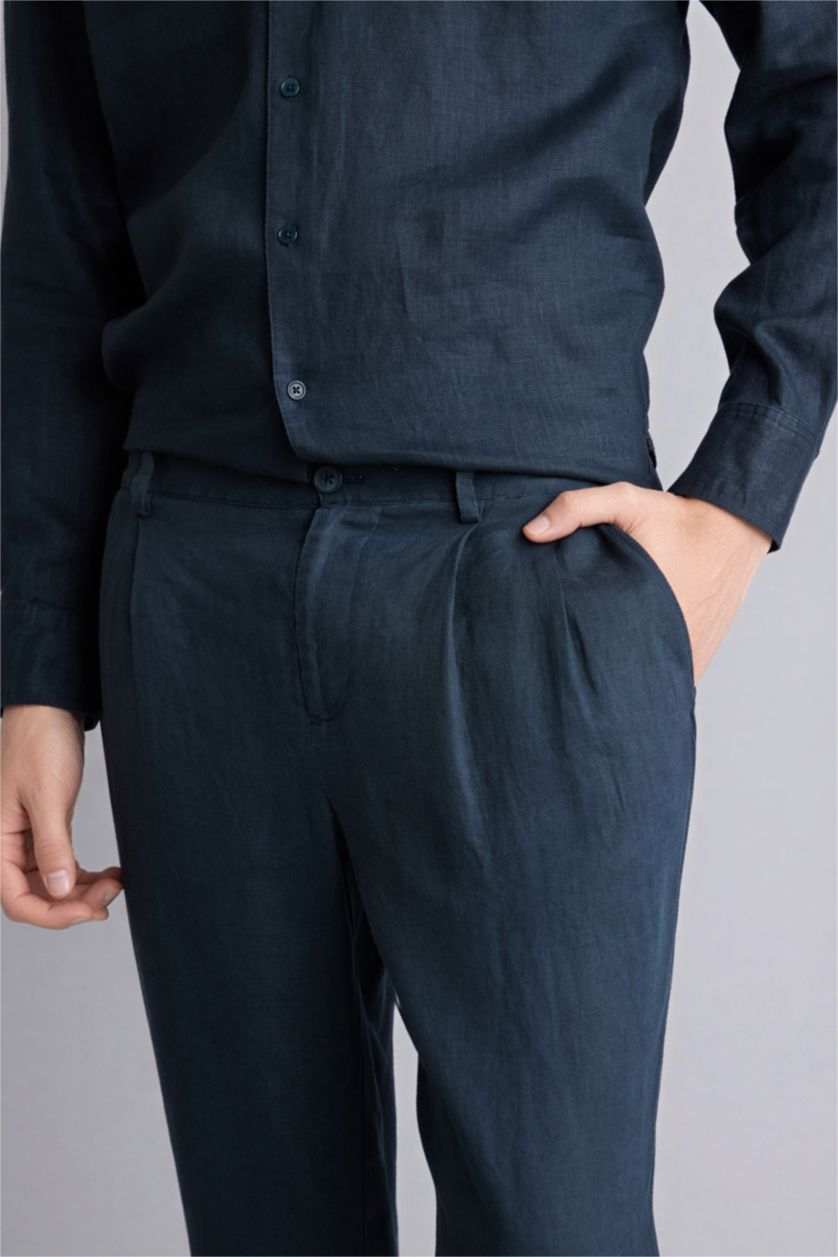 MAN Light Navy بنطلون كتان قصة مريحة وحافة مزدوجة