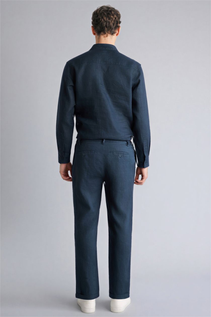 MAN Light Navy بنطلون كتان قصة مريحة وحافة مزدوجة