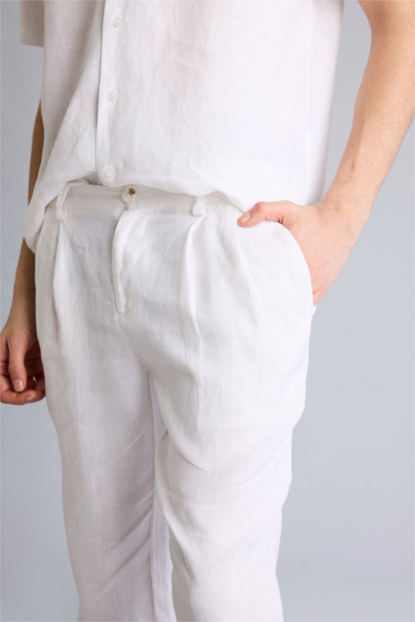 HOMME Blanc Pantalon 100% lin Coupe droite