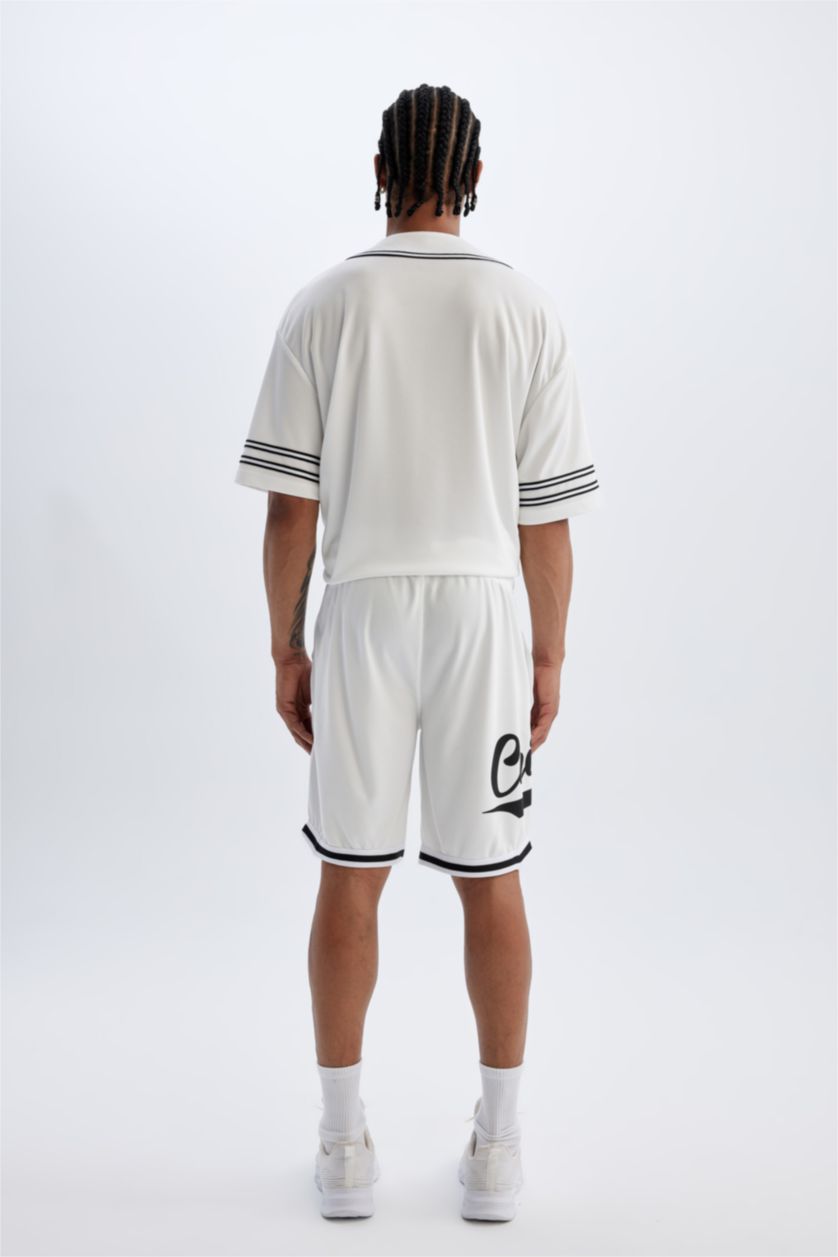 Erkek Beyaz DeFactoFit Standart Fit Baskılı Sporcu Kısa Paça Ağır Kumaş Şort