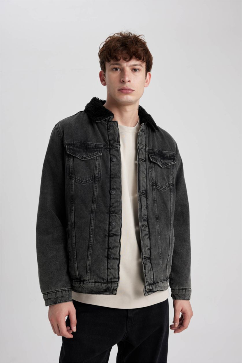 Erkek Siyah Slim Fit Dar Kesim Suni Kürklü Yaka Düğmeli Cepli Jean Ceket