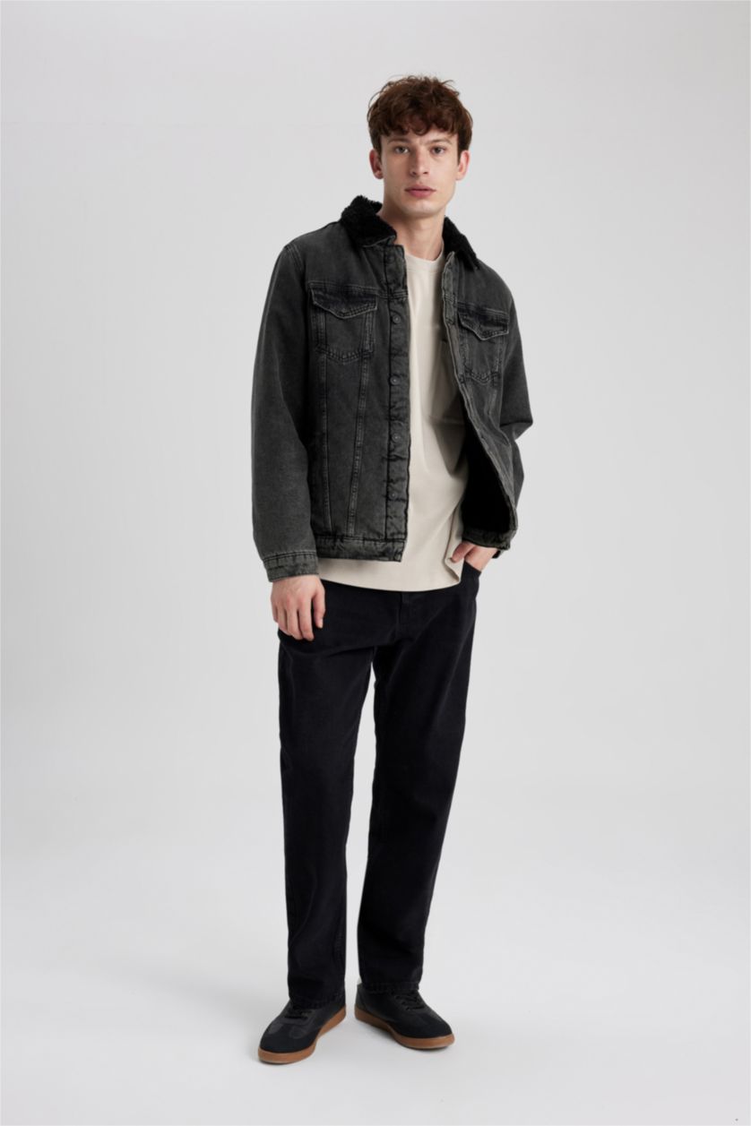 Erkek Siyah Slim Fit Dar Kesim Suni Kürklü Yaka Düğmeli Cepli Jean Ceket