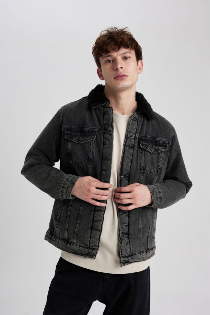 Erkek Siyah Slim Fit Dar Kesim Suni Kürklü Yaka Düğmeli Cepli Jean Ceket