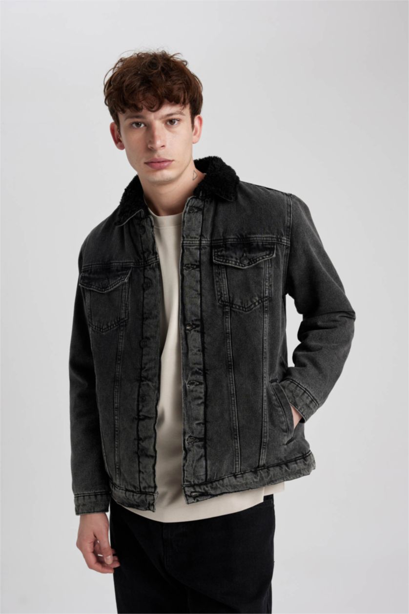 Erkek Siyah Slim Fit Dar Kesim Suni Kürklü Yaka Düğmeli Cepli Jean Ceket